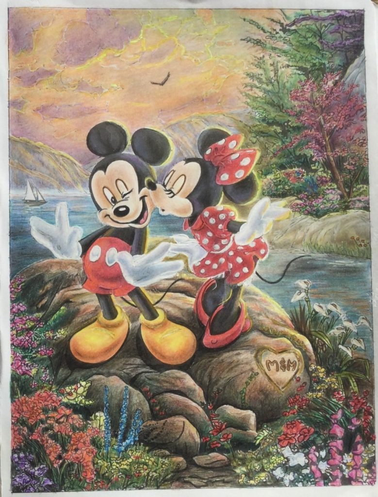 Finished coloring book page-Disney Dreams collection-thomas kinkade-mickey en minnie.jpg